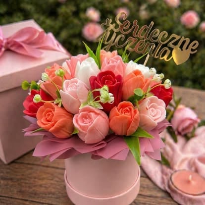 Colorful paper flower arrangement in pink box with golden congratulations sign and gift box in background