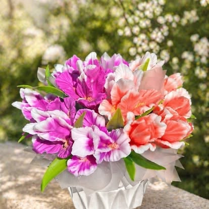 Vibrant bouquet of pink and coral flowers in a white pot with blurred green foliage background